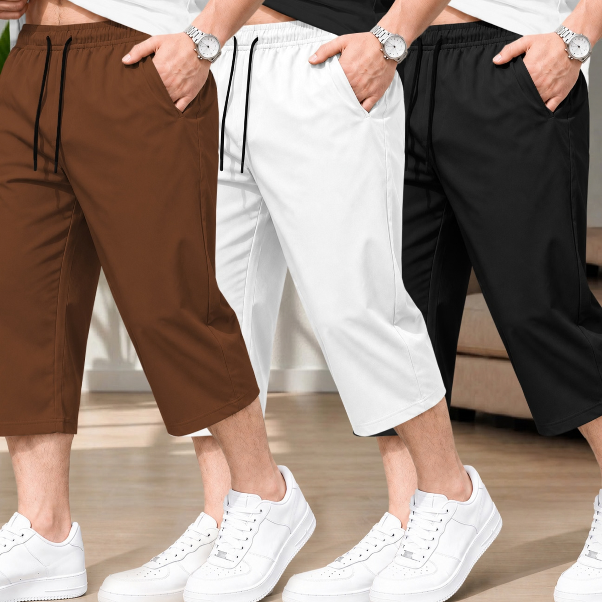 (Pack Of 3) Men Plain Three Fourth Shorts