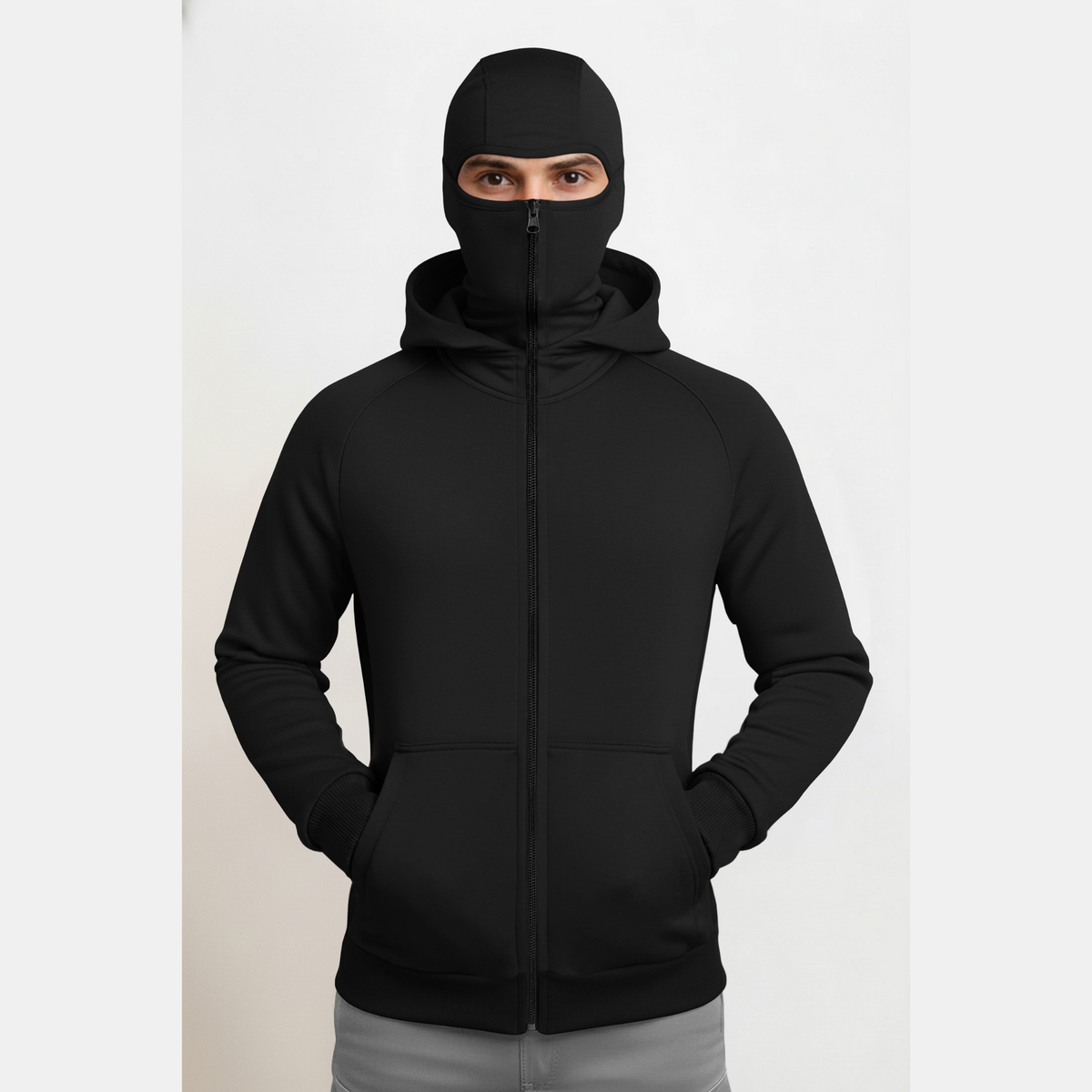 Full Sleeve Hooded Neck Mask Jacket Black