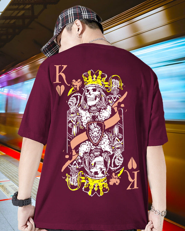 King Of Heart Poker Men Oversized Back Printed Maroon T-Shirt