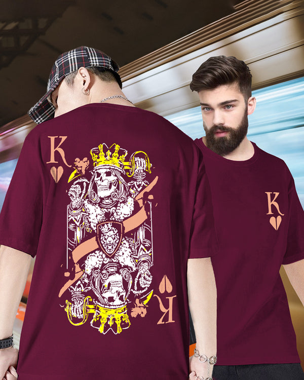 King Of Heart Poker Men Oversized Back Printed Maroon T-Shirt