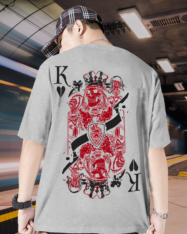 King Of Heart Poker Men Oversized Back Printed Grey T-Shirt