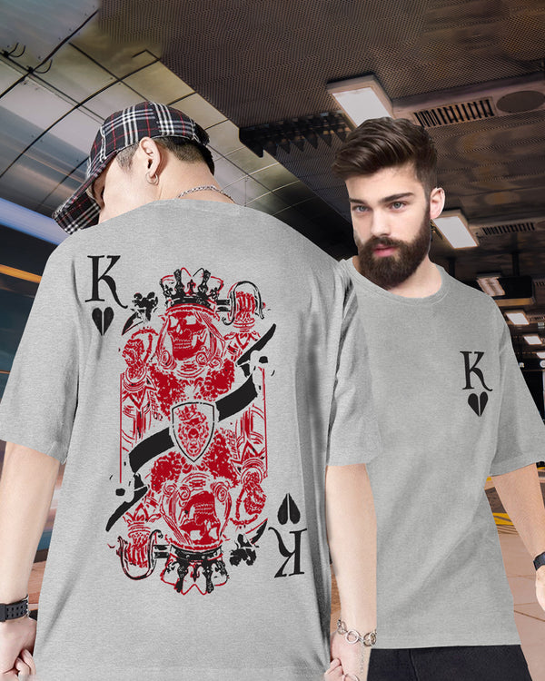 King Of Heart Poker Men Oversized Back Printed Grey T-Shirt