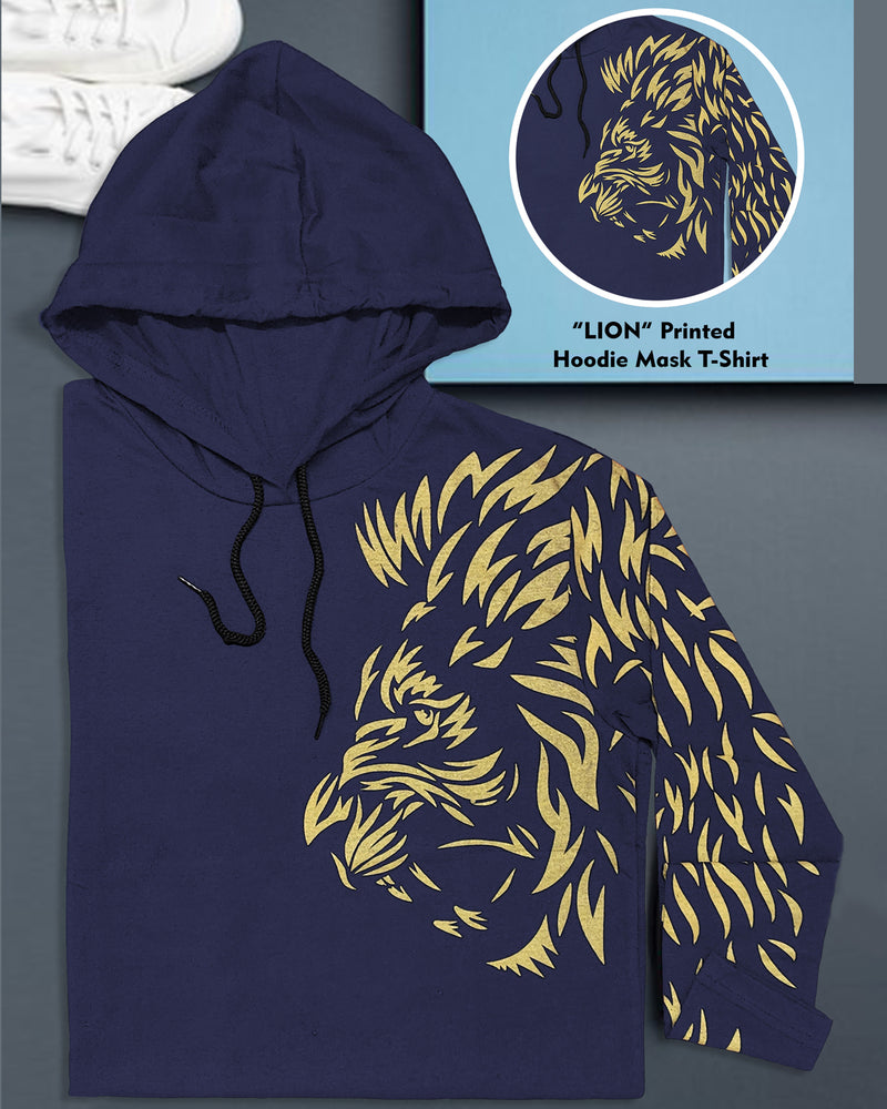Men Navy Blue Lion Printed Hooded Mask T-shirt