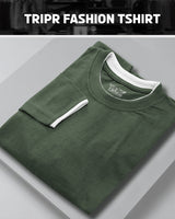 Men Plain Olive Green White Piping Full Hand T-shirt