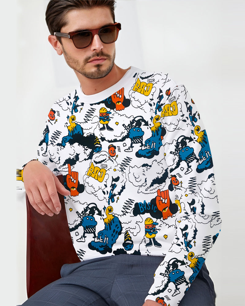 Men Comic Strip White Full Hand Printed T-shirt