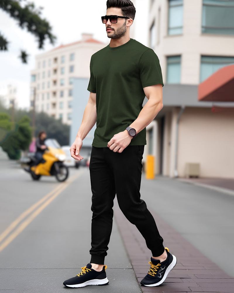Mens Tracksuit - Half Sleeve Olive Green t-shirt / Black Trackpant