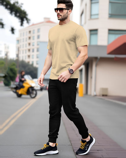 Plain Half Sleeve Beige t-shirt Black Trackpant Outfit Sets
