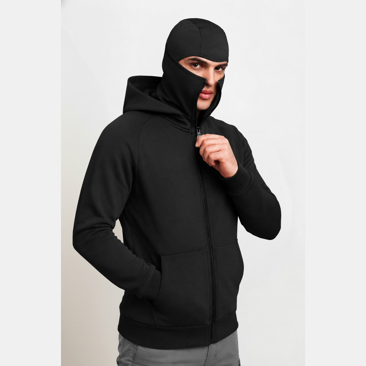 Full Sleeve Hooded Neck Mask Jacket Black