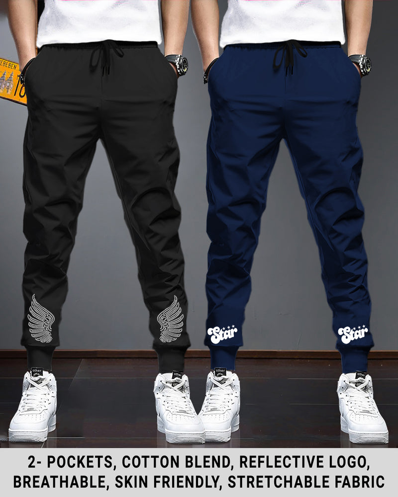 Men Cotton Sports Cuff Ankle Trackpants Combo (Pack of 2) | NavyBlue | Black