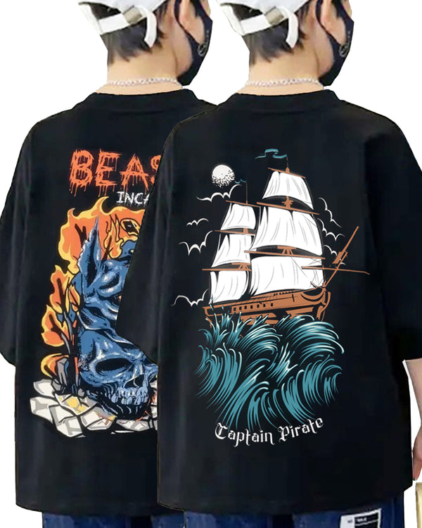 Pack of 2 Multicolor Kids Oversized T-Shirts Combo | Black PIRATE & BEAST Print