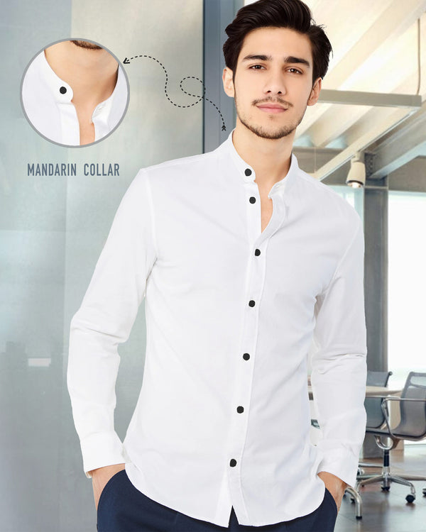 MEN PLAIN WHITE MANDARIN COLLAR FULL HAND SHIRT