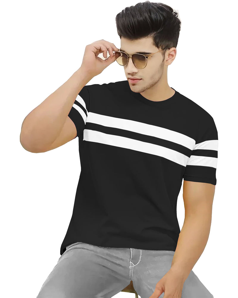 Men Round Neck Black Horizantal Striped T-shirt