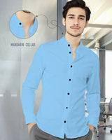 MEN PLAIN SEA BLUE MANDARIN COLLAR FULL HAND SHIRT