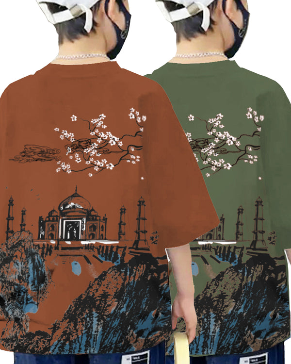 Pack of 2 Multicolor Kids Oversized T-Shirts Combo | Maroon & Olivegreen TAJMAHAL Print