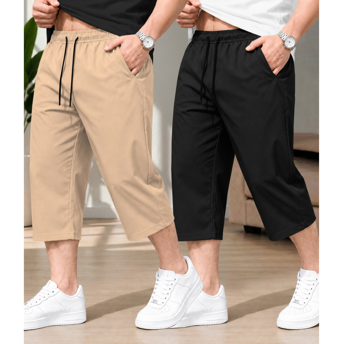 (Pack Of 2) Men Plain Three Fourth Shorts