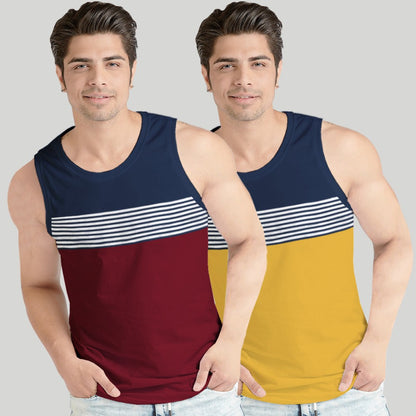Men Colorblock Tank Tops Pack of 2 Navy Maroon & Navy Yellow