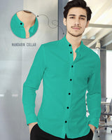 MEN MANDARIN COLLAR SEA GREEN FULL HAND PLAIN FORMAL SHIRT