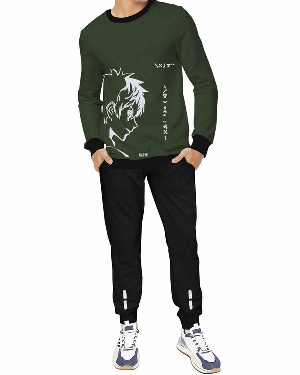 TRACKSUIT - FULL SLEEVE PRINTED T-SHIRT OLIVE GREEN | BLACK TRACKPANT