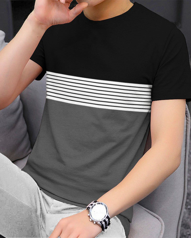 Men Round Neck Black Grey Colorblock Striped T-shirt