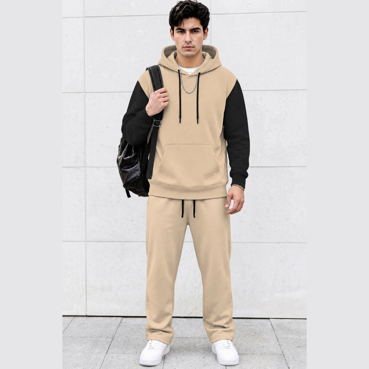 Tracksuit Men Hooded Sweatshirt & Loose Fit Plain Trackpants