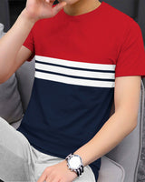 Men Half Sleeve Red Striped Round Neck T-shirt