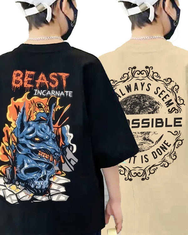 Pack of 2 Multicolor Kids Oversized T-Shirts Combo | Beige IMPOSSIBLE & Black BEAST Print