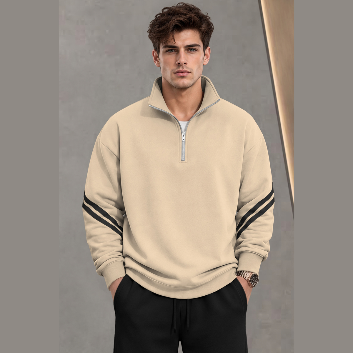 Mens Contrast Stripe Full Sleeve Pullover Sweatshirt Beige