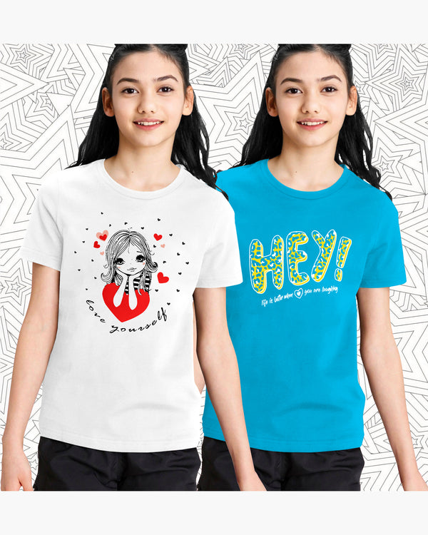 (Pack of 2) Girls Graphic Printed Multicolor Round Neck Half Sleeve T-Shirts | White | Skyblue