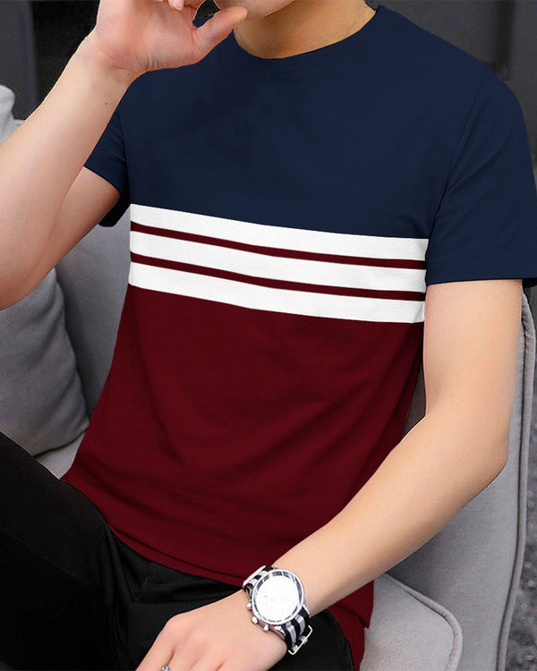 Men Navy Blue Striped Colorblock Round Neck T-shirt