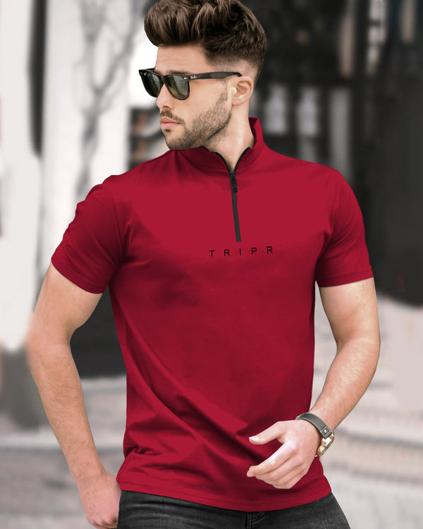 Men plain Red Half Sleeve Zip Neck T-Shirt