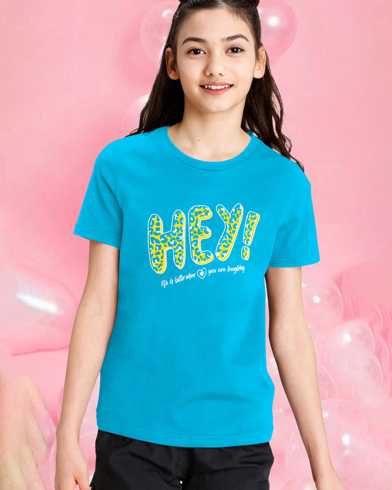 Girls Skyblue Graphic Printed Round Neck Half Sleeve T-Shirt