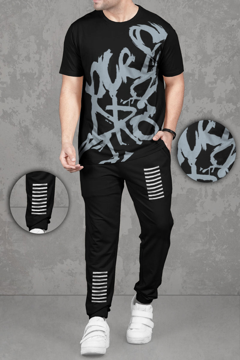 Mens tracksuit - Black - Round Neck Printed T-shirt with Jogger Pant