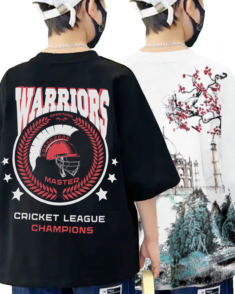 Pack of 2 Multicolor Kids Oversized T-Shirts Combo | White TAJMAHAL & Black WARRIORS Print