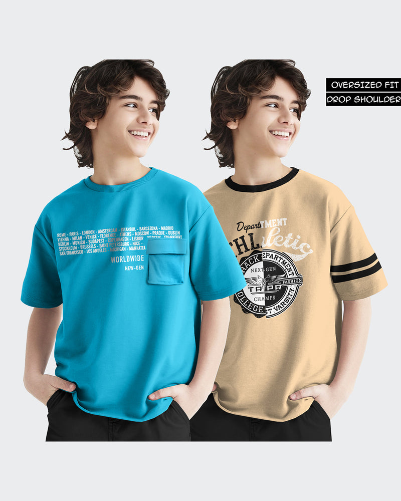 Kids T-Shirt Combo - Skyblue-Beige T-Shirts (Pack of 2)