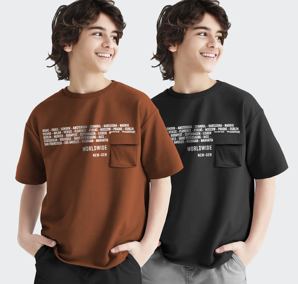 Boys Flap Pocket Brown and Black Typography Round Neck Half Sleeve T-Shirt