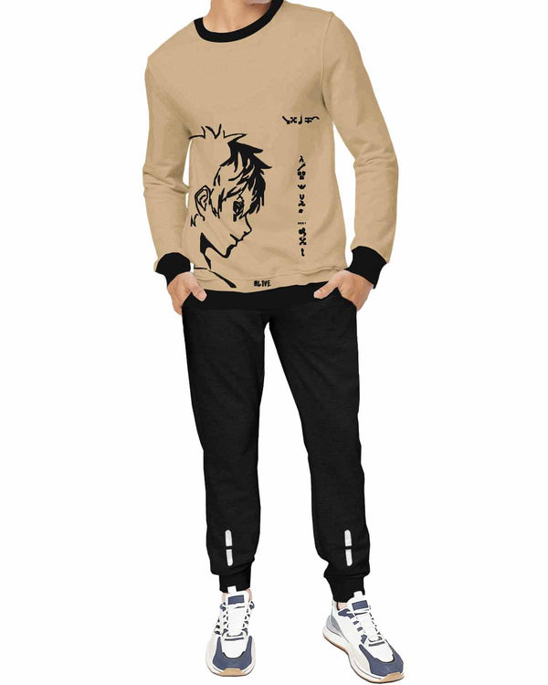 TRACKSUIT - FULL SLEEVE PRINTED T-SHIRT BEIGE | BLACK TRACKPANT