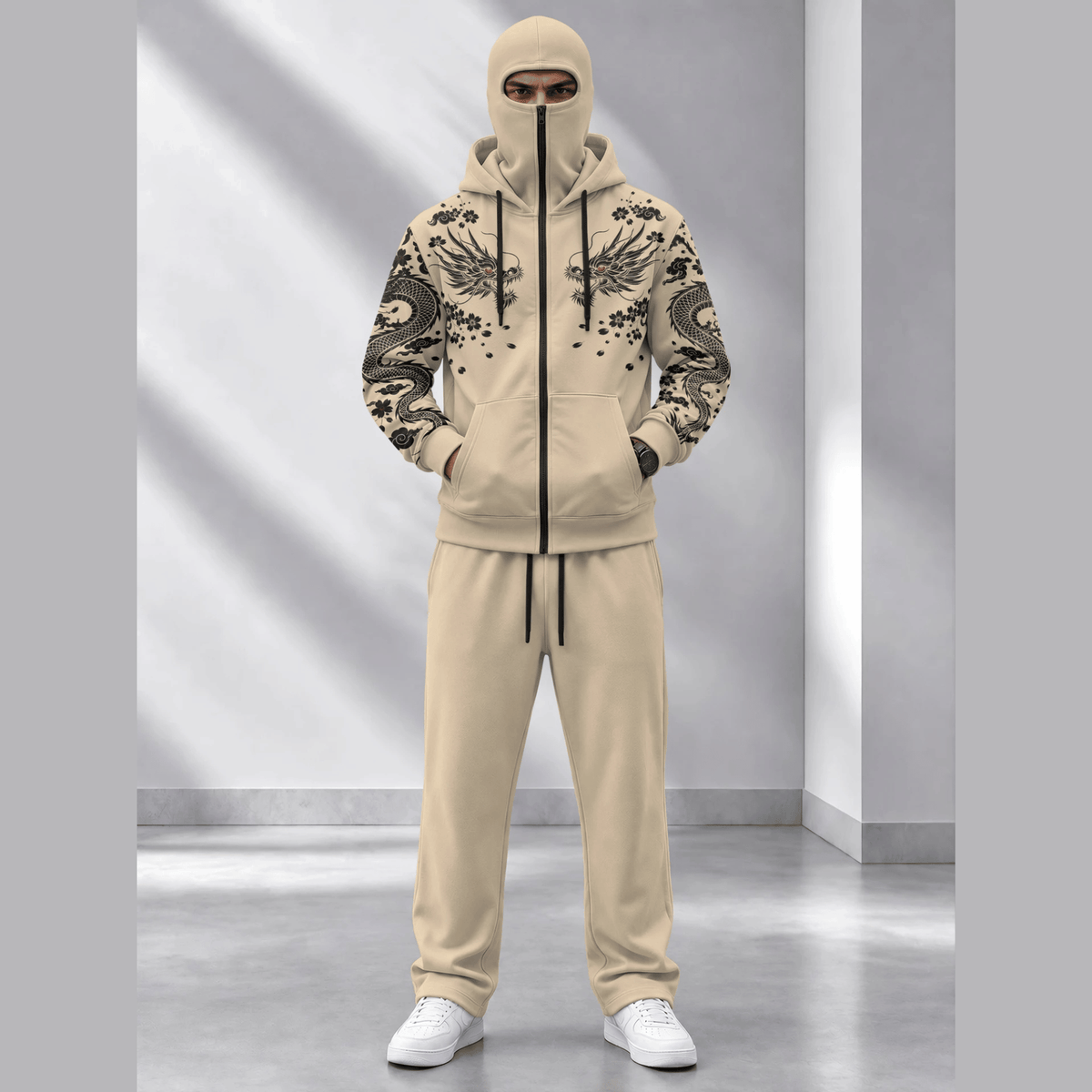 Tracksuit Hooded Mask Printed Jackets And Plain Baggy Trackpants