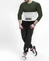 TRACKSUIT SET - Full Sleeve Olive Green Color Block T-shirt | Black Trackpant