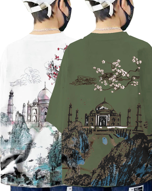 Pack of 2 Multicolor Kids Oversized T-Shirts Combo | Olivegreen & White TAJMAHAL Print