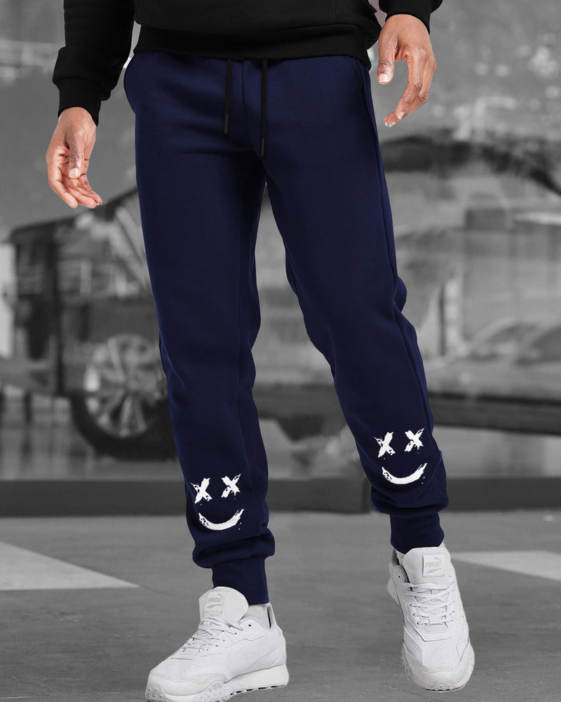 Men Navy Blue Drawstring Cotton Graphic Printed Jogger TrackPant