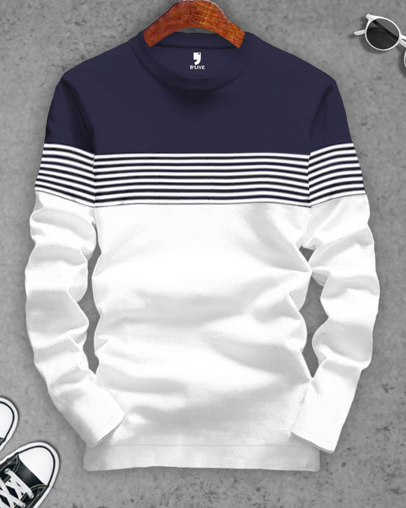 Men Round Neck Navy Blue White Colorblock Full Hand Striped T-shirt