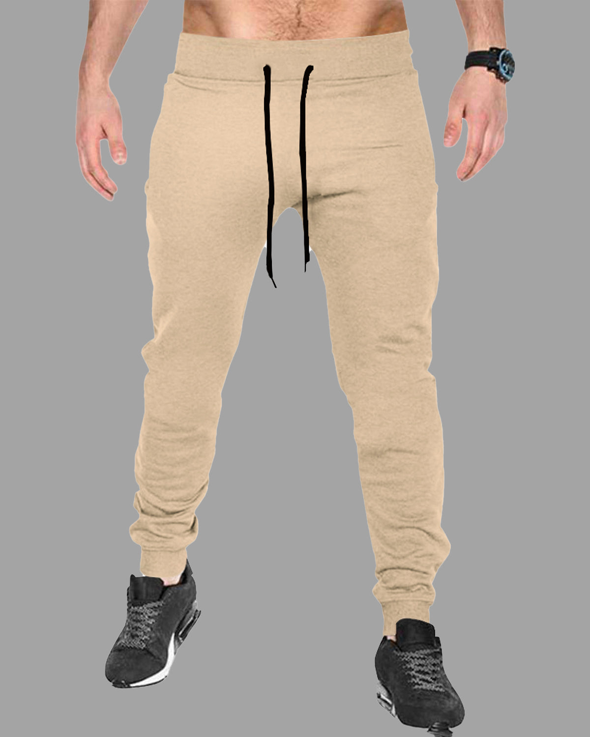 Men Plain Beige Cuffed Ankles Cotton Jogger TrackPant