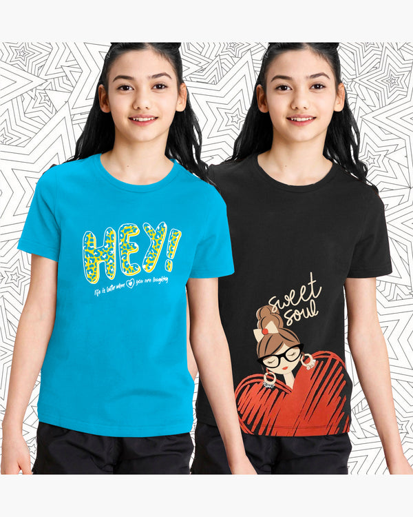 (Pack of 2) Girls Graphic Printed Multicolor Round Neck Half Sleeve T-Shirts | Skyblue | Black