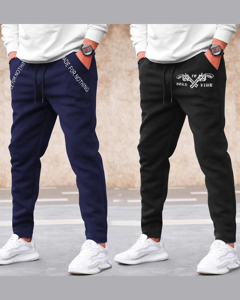 Pack of 2 Men Cotton Designer Multicolor Track Pants | Navyblue | Black