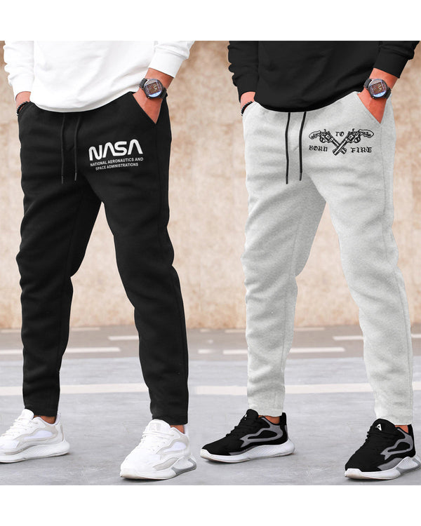 Pack of 2 Men Cotton Printed Multicolor Track Pants | Grey | Black