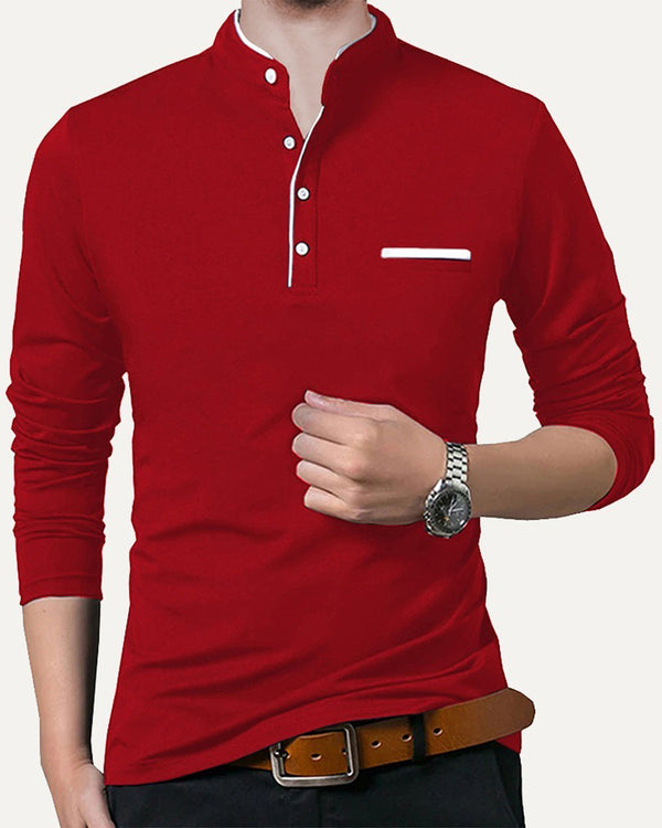 Men Henley Solid Red Full Sleeve T-shirt
