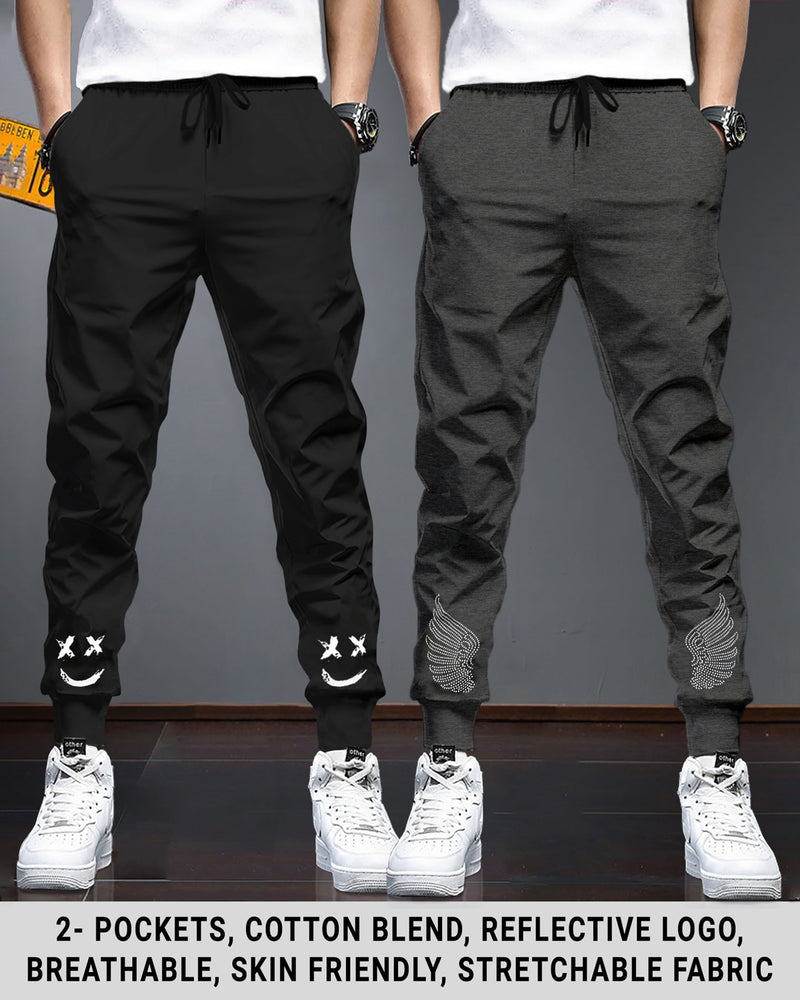 Men Cotton Sports Cuff Ankle Trackpants Combo (Pack of 2) | SolidBlack | CharcoalBlack