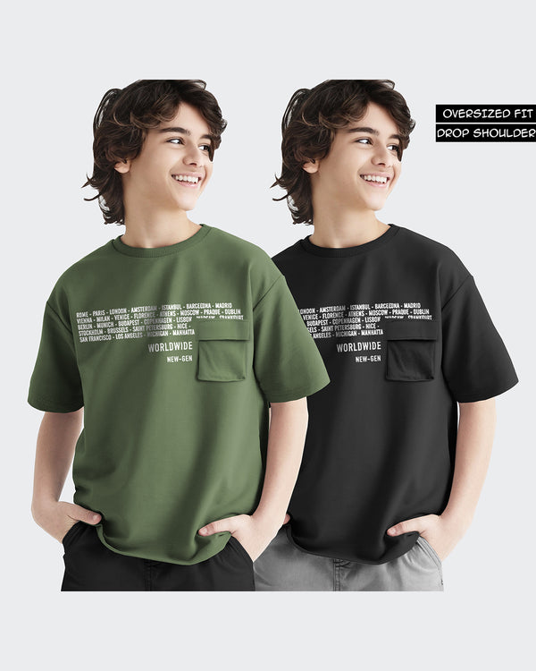 Kids T-Shirt Combo - Olivegreen-Black Round Neck With Flap Pocket T-Shirts (Pack of 2)