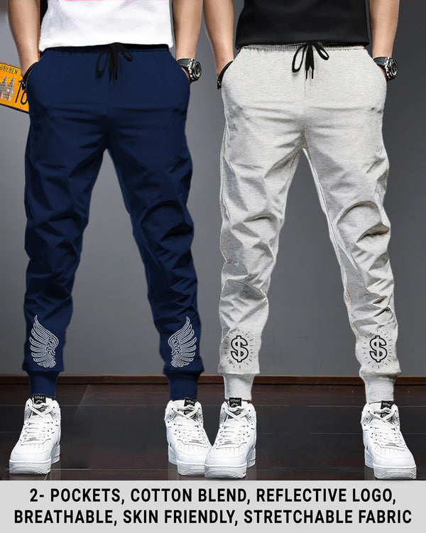 Men Cotton Sports Cuff Ankle Trackpants Combo (Pack of 2) | Navyblue | Lightgrey