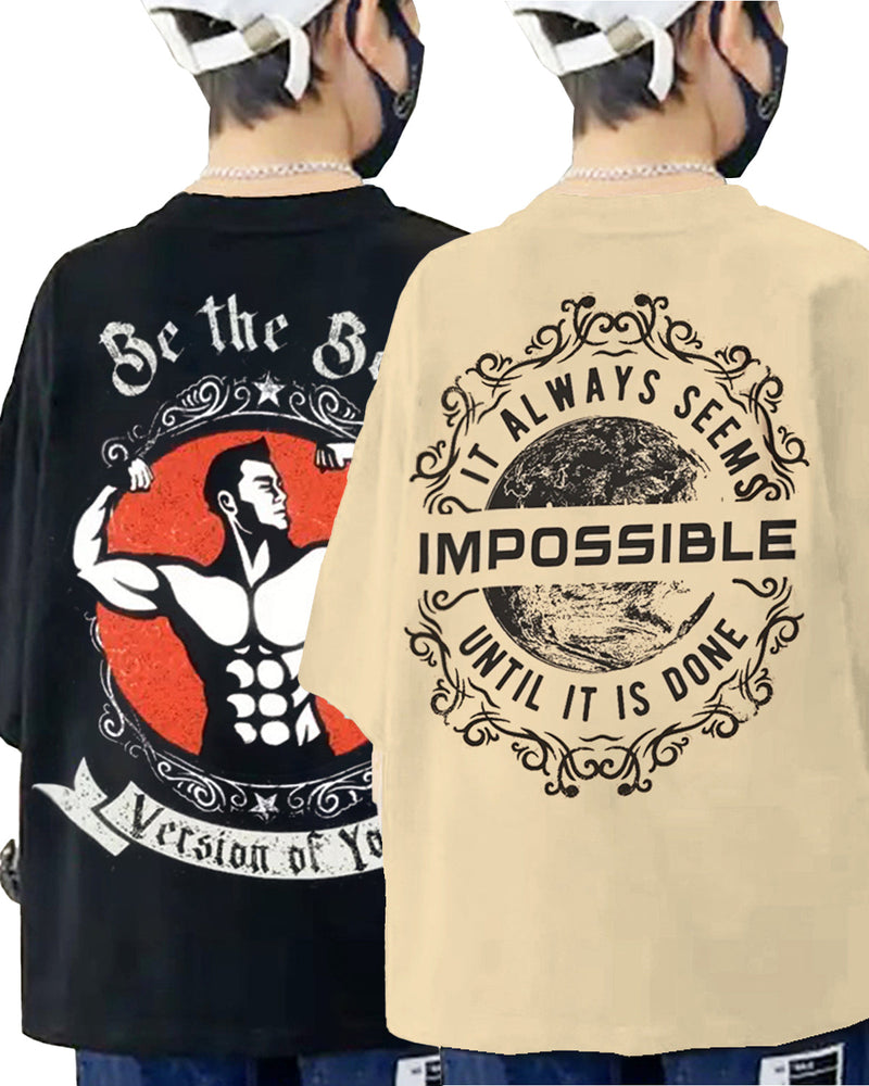 Pack of 2 Multicolor Kids Oversized T-Shirts Combo | Beige IMPOSSIBLE & Black QUOTE Print